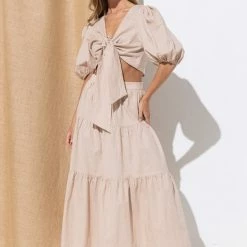 In The Beginning Clothing The Mariposa Beige Tiered Tie Front Top Tops