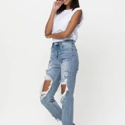 Cello The Charlotte High Rise Distress Light Blue Crop Straight Jeans