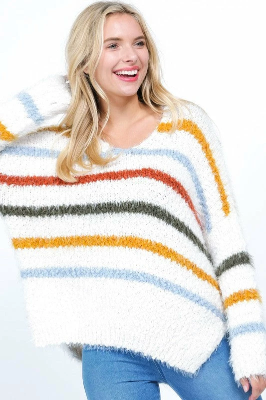 Newbury Kustom Tops The Fiona Multi-Color Striped Fuzzy Knit Sweater