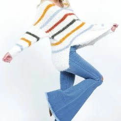 Newbury Kustom Tops The Fiona Multi-Color Striped Fuzzy Knit Sweater