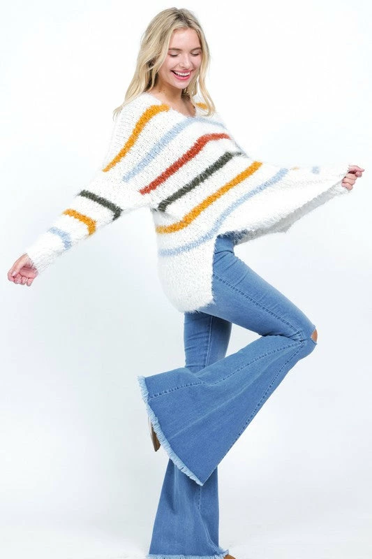 Newbury Kustom Tops The Fiona Multi-Color Striped Fuzzy Knit Sweater