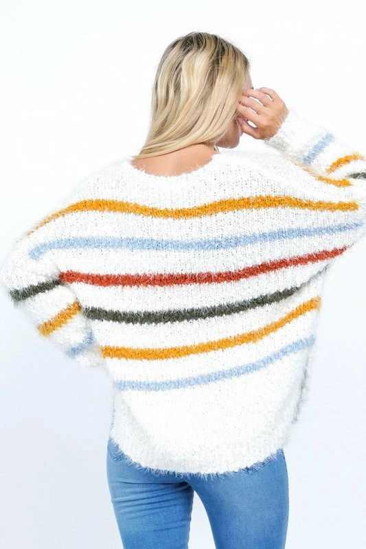 Newbury Kustom Tops The Fiona Multi-Color Striped Fuzzy Knit Sweater