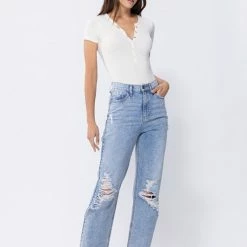 Sneak Peek The Elise Super High Rise 90's Medium Wash Distressed Jeans