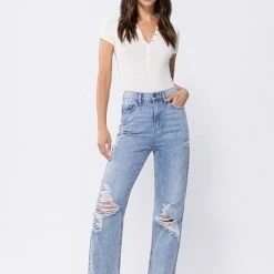 Sneak Peek The Elise Super High Rise 90's Medium Wash Distressed Jeans