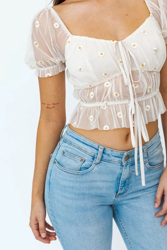 Le Lis The Daisy Sheer Puff Sleeve Crop Top