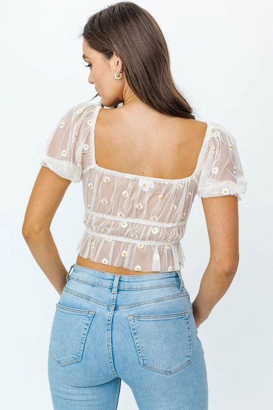 Le Lis The Daisy Sheer Puff Sleeve Crop Top