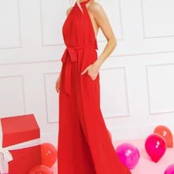 Flying Tomato The Valentine Red Tie Halter Jumpsuit Jumpsuits