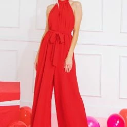Flying Tomato The Valentine Red Tie Halter Jumpsuit Jumpsuits