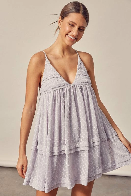 Mustard Seed The Dalia Dove Grey V-Neck Pin Tucked Dotted Mini Dress Dresses