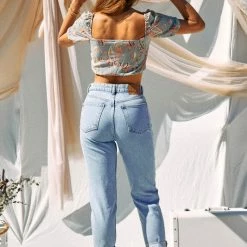 Endless Blu The Greyson Grey Floral Cinch Crop Tops