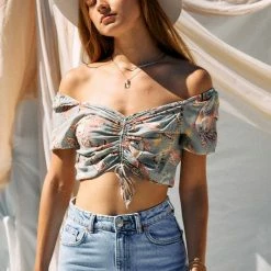 Endless Blu The Greyson Grey Floral Cinch Crop Tops