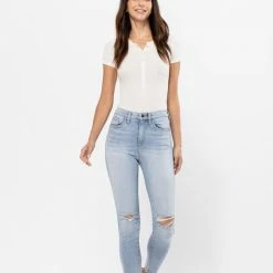 Sneak Peek The Landon Light Blue High-Rise Skinny Jeans With Ripped Knees