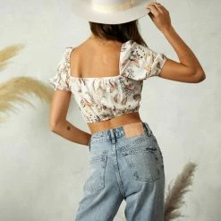 Endless Blu Tops The Nora Natural Floral Printed Cinch Crop