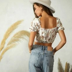 Endless Blu Tops The Nora Natural Floral Printed Cinch Crop
