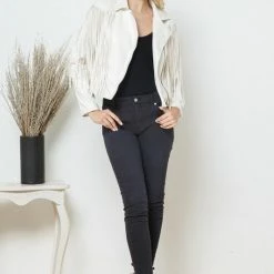 Blue B The Becca White Faux Leather Moto Fringe Jacket