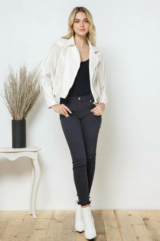 Blue B The Becca White Faux Leather Moto Fringe Jacket
