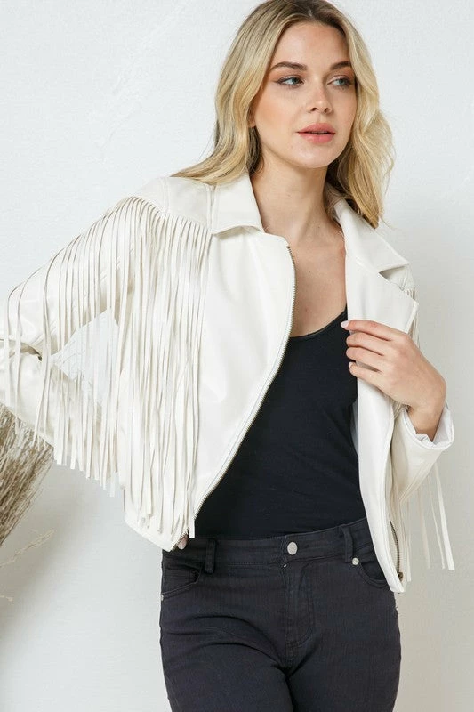 Blue B The Becca White Faux Leather Moto Fringe Jacket