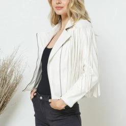 Blue B The Becca White Faux Leather Moto Fringe Jacket