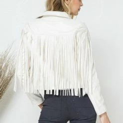 Blue B The Becca White Faux Leather Moto Fringe Jacket
