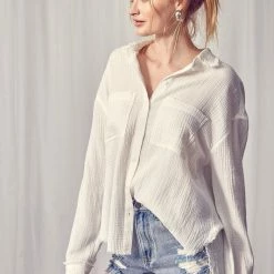 MIOU MUSE The Arizona Gauze Button Down Long Sleeve Shirt Tops