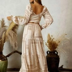 Endless Blu The Moira Cropped Ivory Printed Longsleeve Top Tops