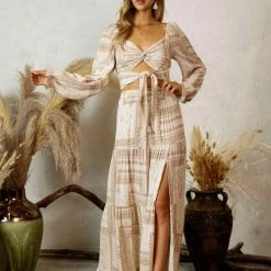 Endless Blu The Moira Cropped Ivory Printed Longsleeve Top Tops