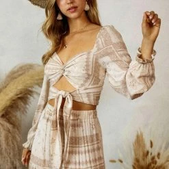 Endless Blu The Moira Cropped Ivory Printed Longsleeve Top Tops