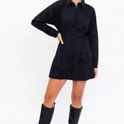 Le Lis The Brita Black Pleated Shirt Mini Dress