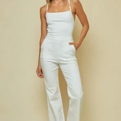 Blue Blush Jumpsuits The Lacey White Tie Back Denim Bell Bottom Jumpsuit