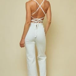 Blue Blush Jumpsuits The Lacey White Tie Back Denim Bell Bottom Jumpsuit