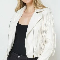 Blue B The Becca White Faux Leather Moto Fringe Jacket