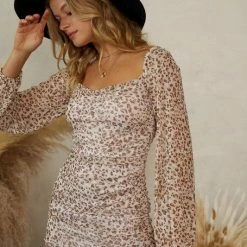 Endless Blu The Fiona Animal Taupe Print Cinch Mini Dress Dresses