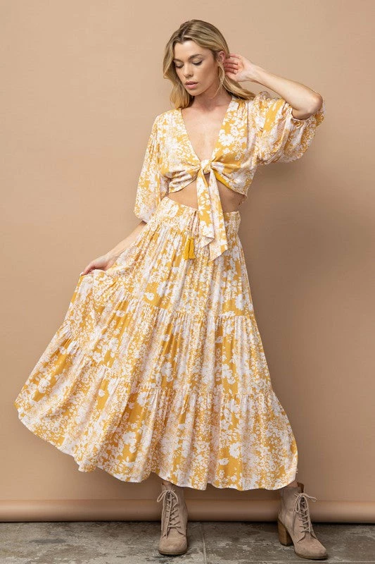 In The Beginning Clothing The Tilsey Mustard Floral Maxi Skirt