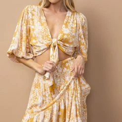 In The Beginning Clothing Tops The Tilsey Mustard Floral Tie Front Top