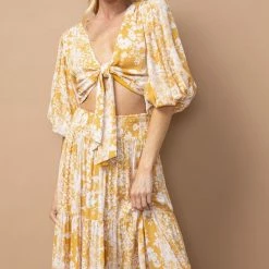 In The Beginning Clothing Tops The Tilsey Mustard Floral Tie Front Top