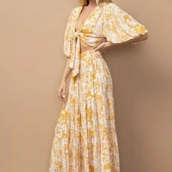 In The Beginning Clothing Tops The Tilsey Mustard Floral Tie Front Top