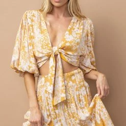 In The Beginning Clothing Tops The Tilsey Mustard Floral Tie Front Top