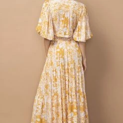 In The Beginning Clothing Tops The Tilsey Mustard Floral Tie Front Top