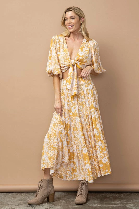 In The Beginning Clothing The Tilsey Mustard Floral Maxi Skirt