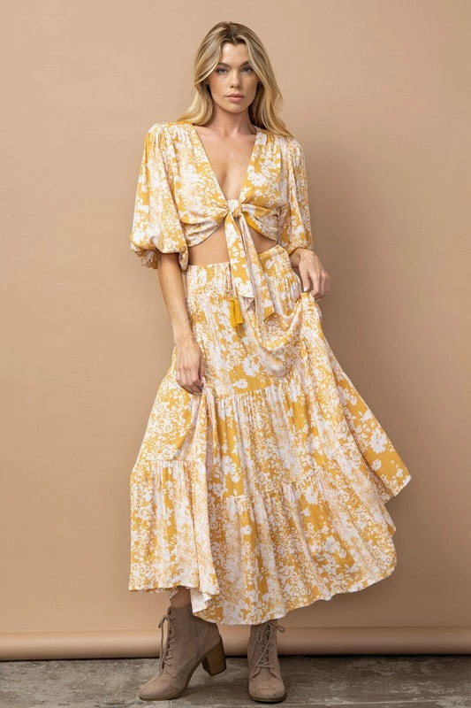 In The Beginning Clothing The Tilsey Mustard Floral Maxi Skirt
