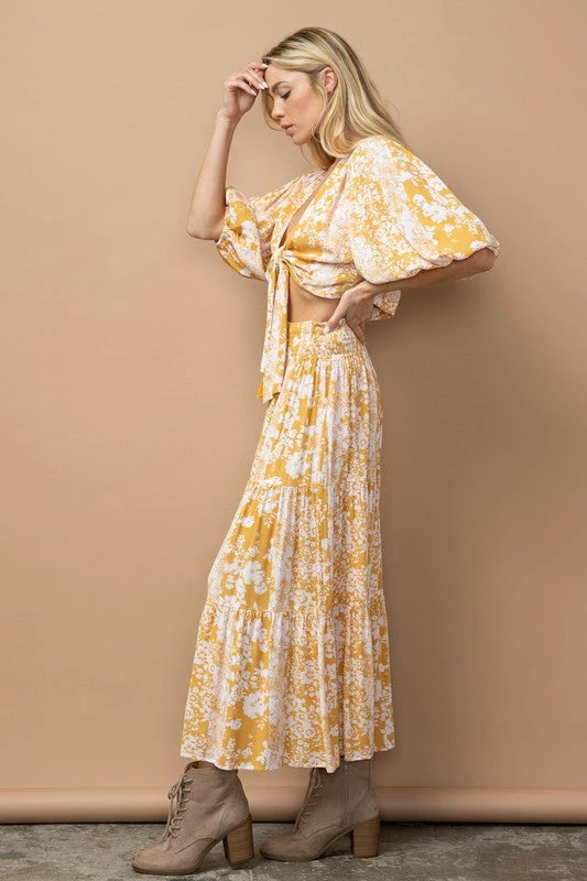 In The Beginning Clothing The Tilsey Mustard Floral Maxi Skirt