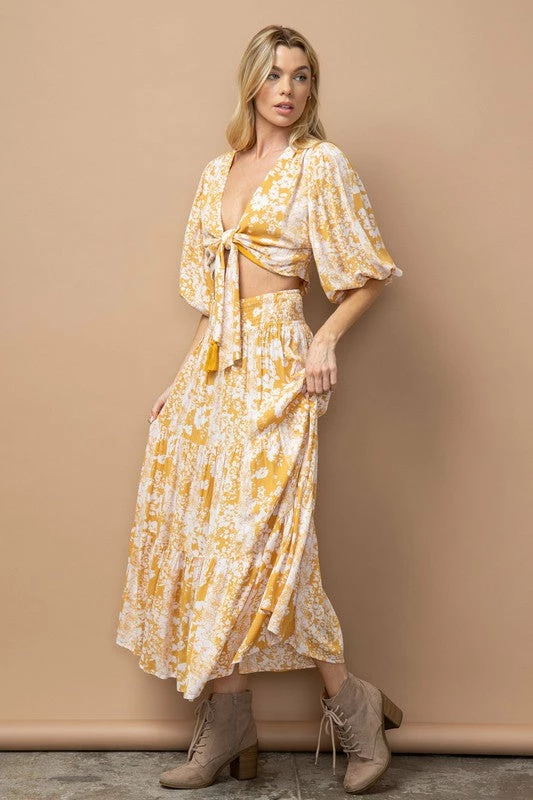 In The Beginning Clothing The Tilsey Mustard Floral Maxi Skirt