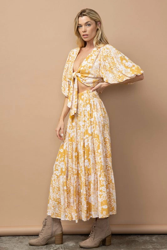 In The Beginning Clothing The Tilsey Mustard Floral Maxi Skirt