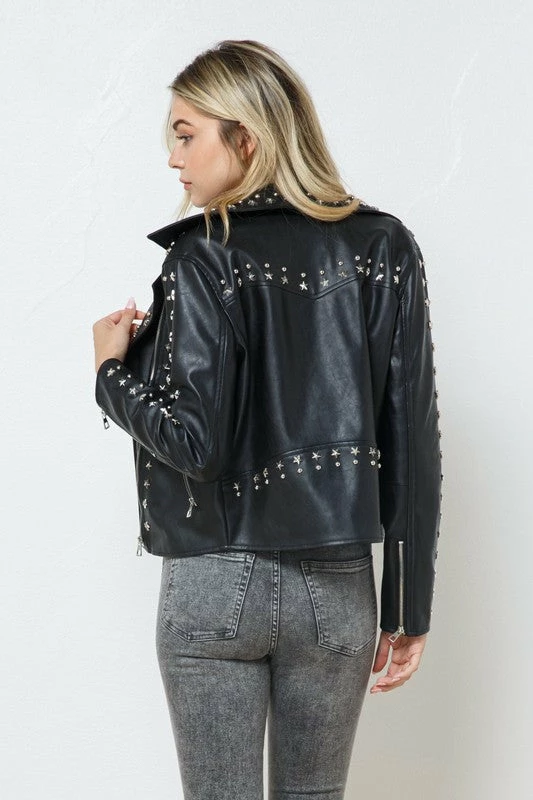 Blue B Tops The Tell Me About It Stud Vegan Leather Moto Jacket