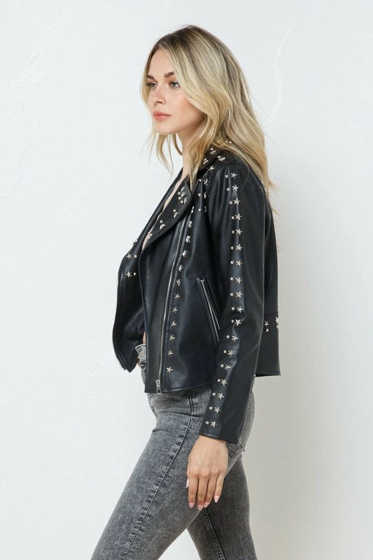 Blue B Tops The Tell Me About It Stud Vegan Leather Moto Jacket
