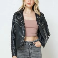 Blue B Tops The Tell Me About It Stud Vegan Leather Moto Jacket