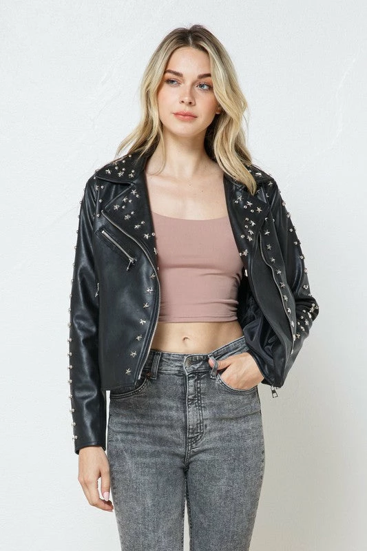 Blue B Tops The Tell Me About It Stud Vegan Leather Moto Jacket