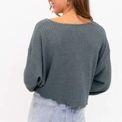 Le Lis The Tiana Teal V-Neck Ruching Detail Knit Top Tops