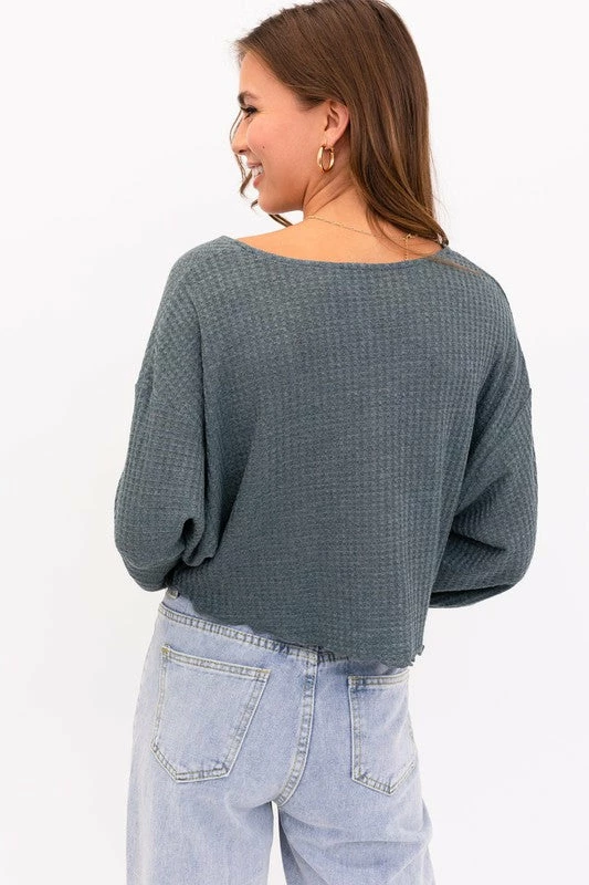 Le Lis The Tiana Teal V-Neck Ruching Detail Knit Top Tops