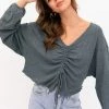Le Lis The Tiana Teal V-Neck Ruching Detail Knit Top Tops